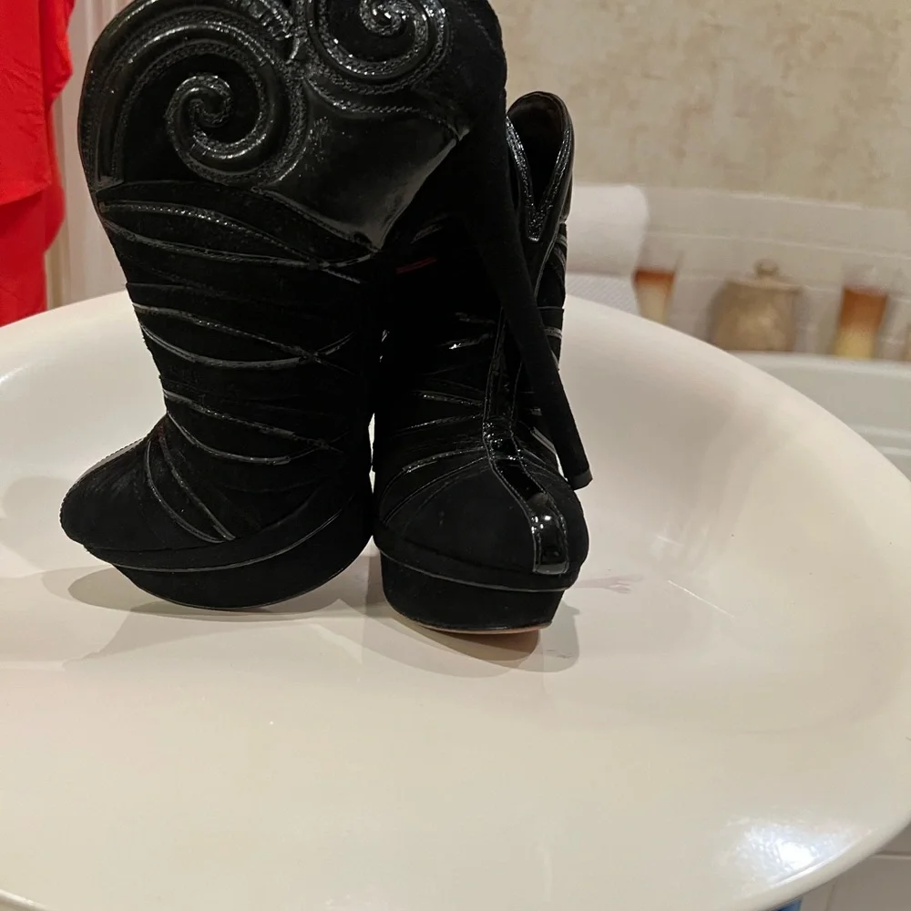 BRIAN ATWOOD Black Suede And Patent Leather Textured Bootie Size 37 - Picture 2 of 15